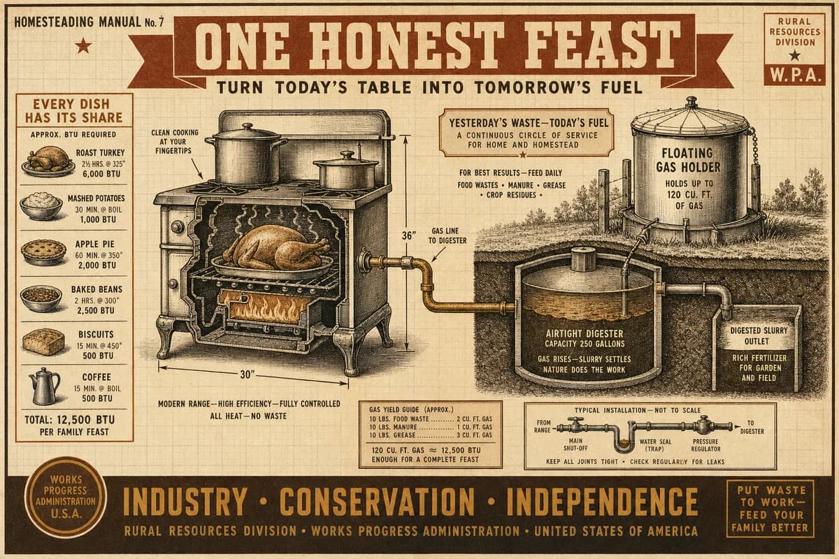 A vintage homesteading-manual diagram of a Thanksgiving oven and stovetop fed by a gas line from a backyard digester, a filled gas holder in the yard, dishes labeled with their cooking energy, titled ONE HONEST FEAST, in cream, brown, and ochre tones.