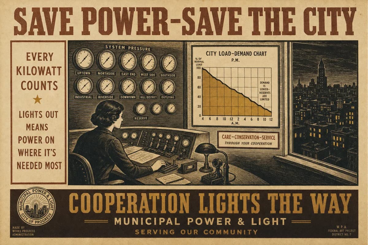A woodcut of a lone night dispatcher seated before a wall of dimming pressure gauges in a municipal control room, a downward-sloping load chart on the wall behind her, and city lights failing block by block through a tall window.