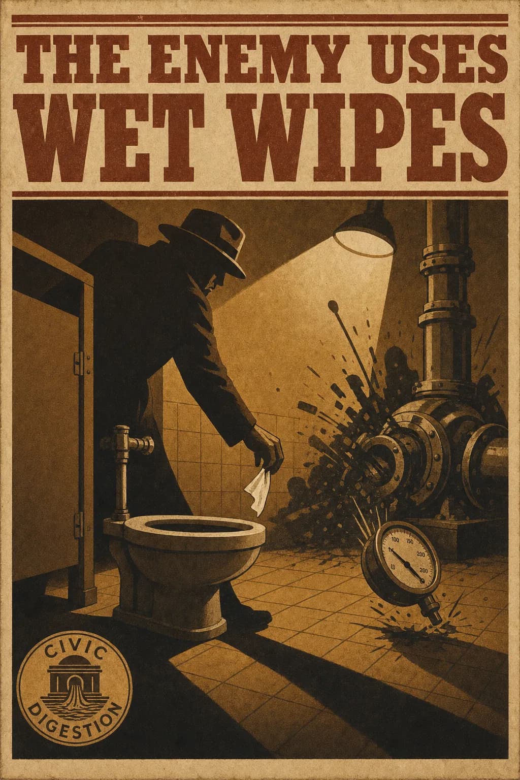 A sabotage-warning poster of a shadowed figure furtively dropping a bright white wet wipe into a public stall while a municipal pump seizes and a gauge falls behind him, harsh spotlight and long shadows across the tile, captioned THE ENEMY USES WET WIPES.