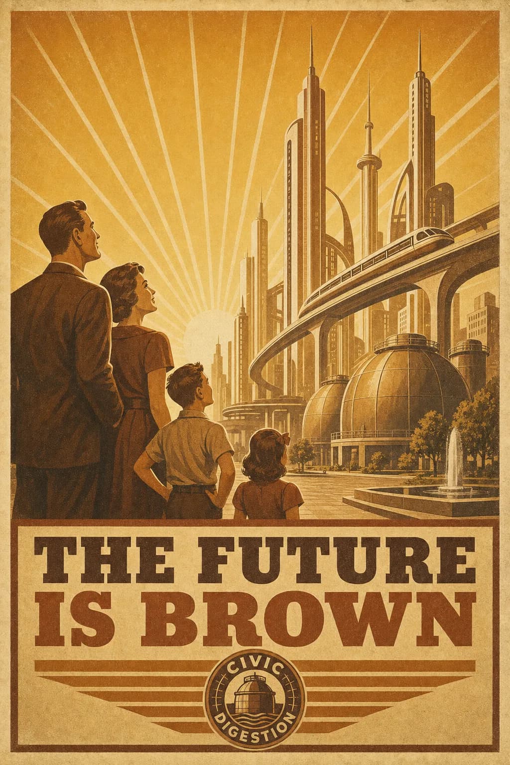 A mid-century world-of-tomorrow poster of a gleaming future city with slender towers, elevated monorails, and great digester domes glowing warm ochre against a radiant dawn sky, a hopeful family gazing upward from a clean plaza in the foreground, captioned THE FUTURE IS BROWN.