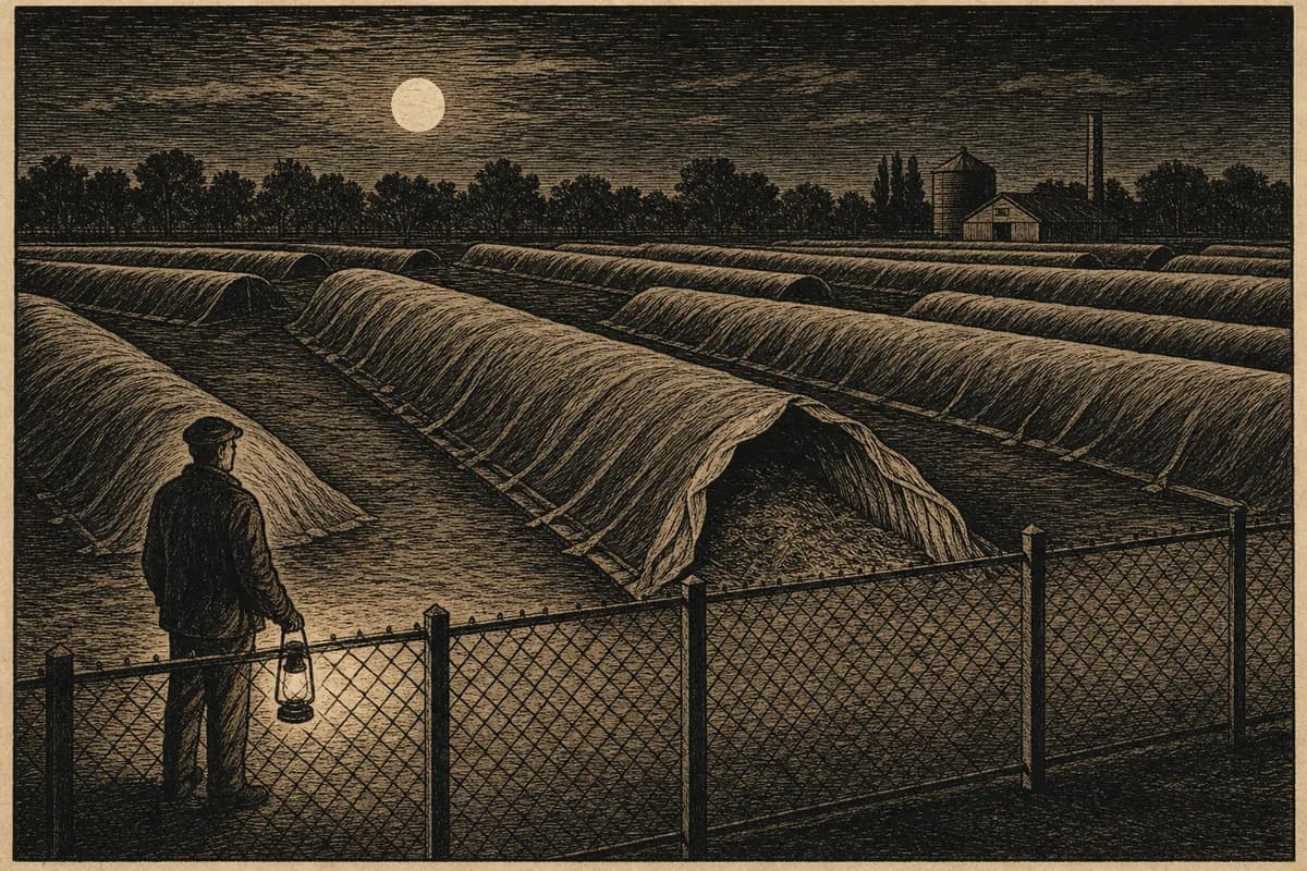 A woodcut of a moonlit municipal yard of long covered mounds behind a chain-link fence, a small lantern glowing in the foreground, and one mound standing open and hollow.