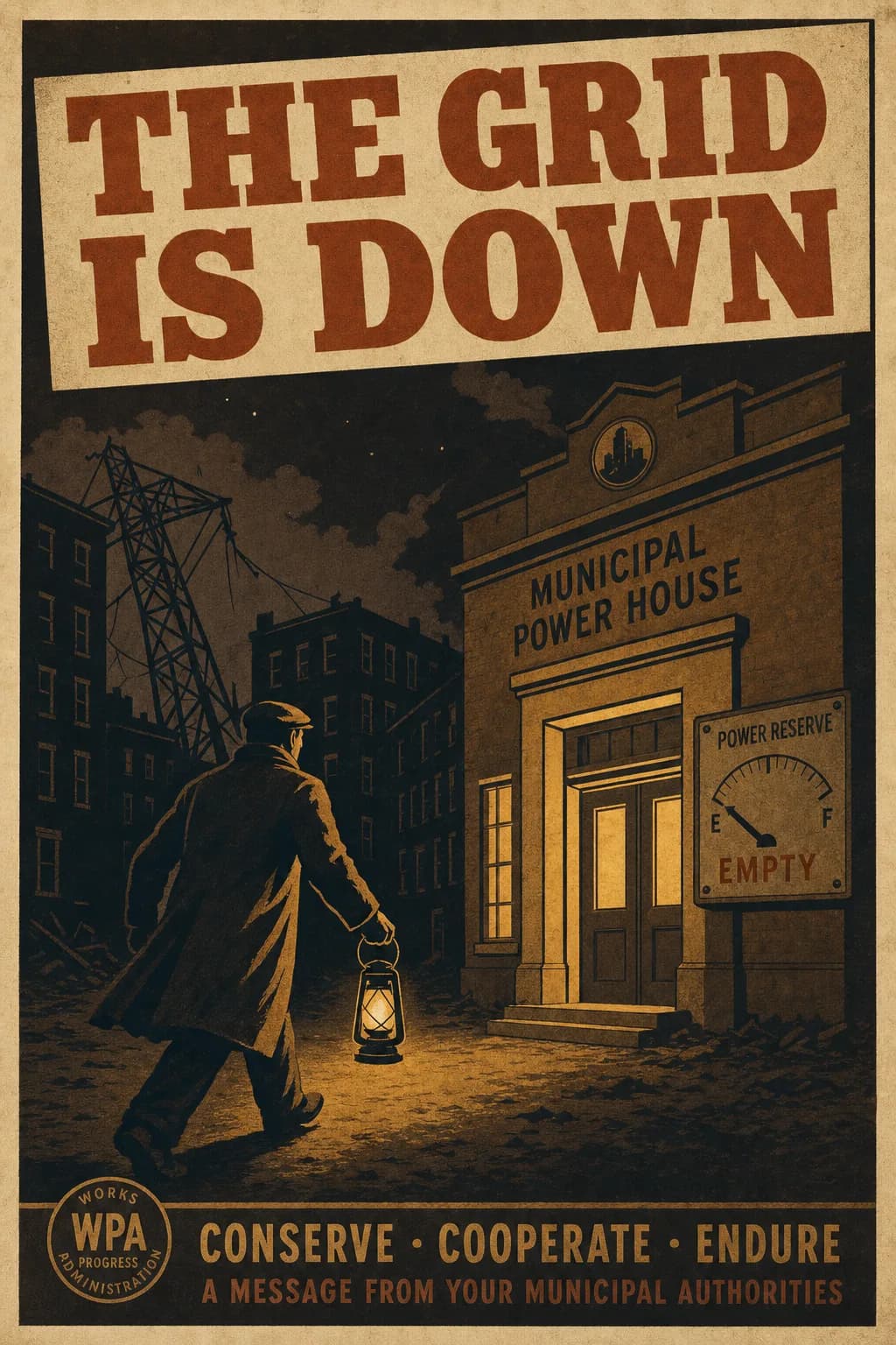 A wartime-style emergency poster showing a darkened city of unlit tenement windows and a dead power pylon in silhouette at night, a lone resolute citizen in a coat striding toward the one lit municipal facility with a hand lantern, captioned THE GRID IS DOWN.