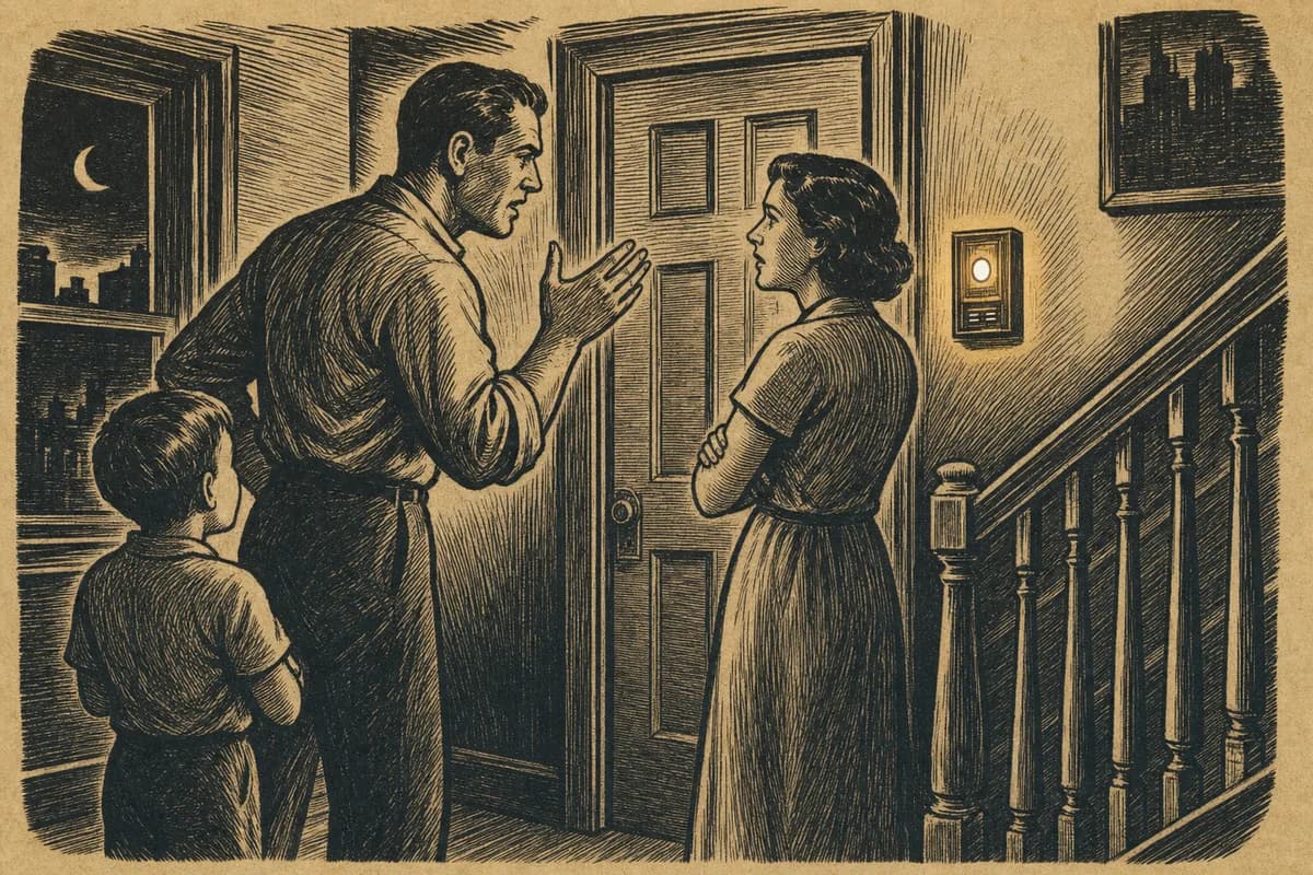A woodcut of a family of three in a hallway at night before a closed bathroom door, a small glowing panel beside the frame, the father's hand raised mid-argument.