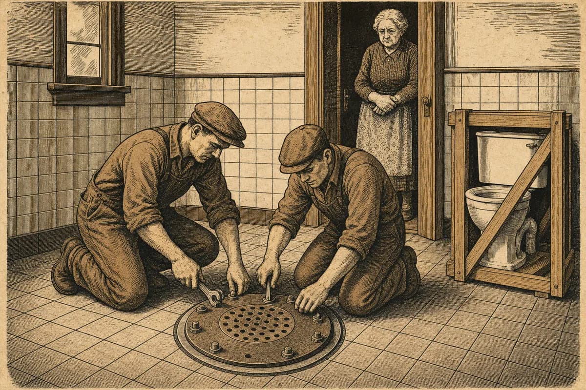A woodcut of two workers bolting a round intake plate over a floor drain while an old woman watches from the doorway, a crated toilet beside them.