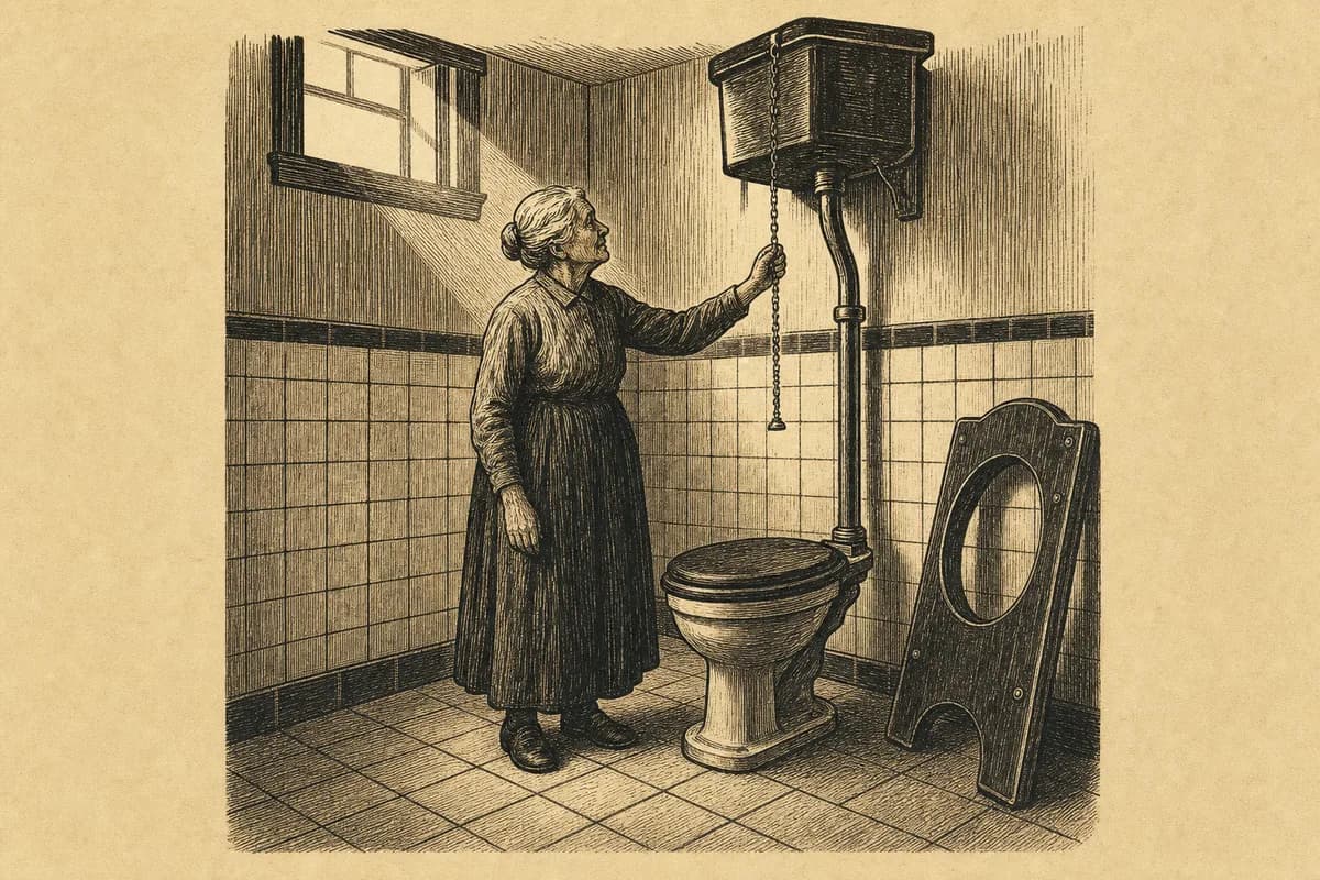 A woodcut of an elderly woman standing alone in a plain tiled water closet with her hand resting on the pull-chain of an old high-tank toilet, morning light from a small window, a sealed conversion plate leaning against the wall.