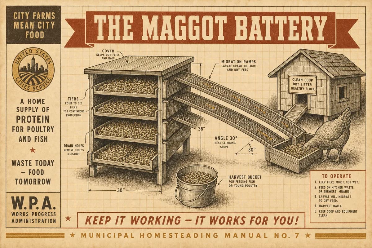 A vintage homesteading-manual cutaway of a tiered black-soldier-fly larvae bin beside a small chicken coop, a labeled migration ramp running from the bin to a feed trough, titled THE MAGGOT BATTERY.