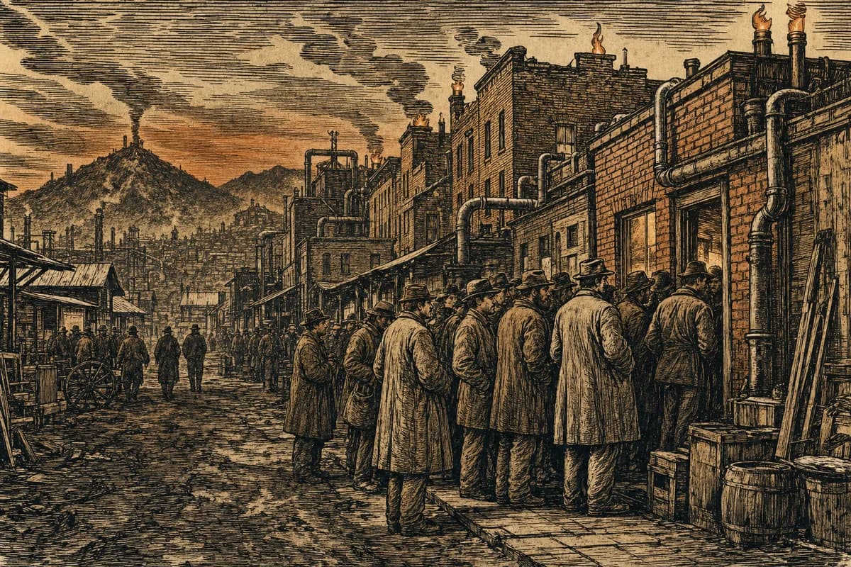 A woodcut of a crowded boomtown street of hastily built brick digester houses and iron pipe at dusk, prospectors lined at a claims office door, a haze of vent-flames flickering along the rooftops against a low sky.