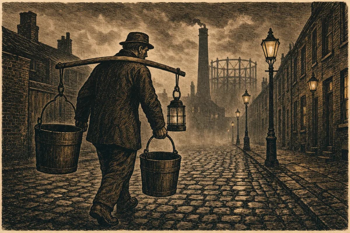 A woodcut of a Victorian night-soil collector with a shouldered wooden yoke of buckets and a shuttered lantern, walking a fog-bound cobbled court before dawn, with a gasworks chimney and a row of lit street-lamps behind him.