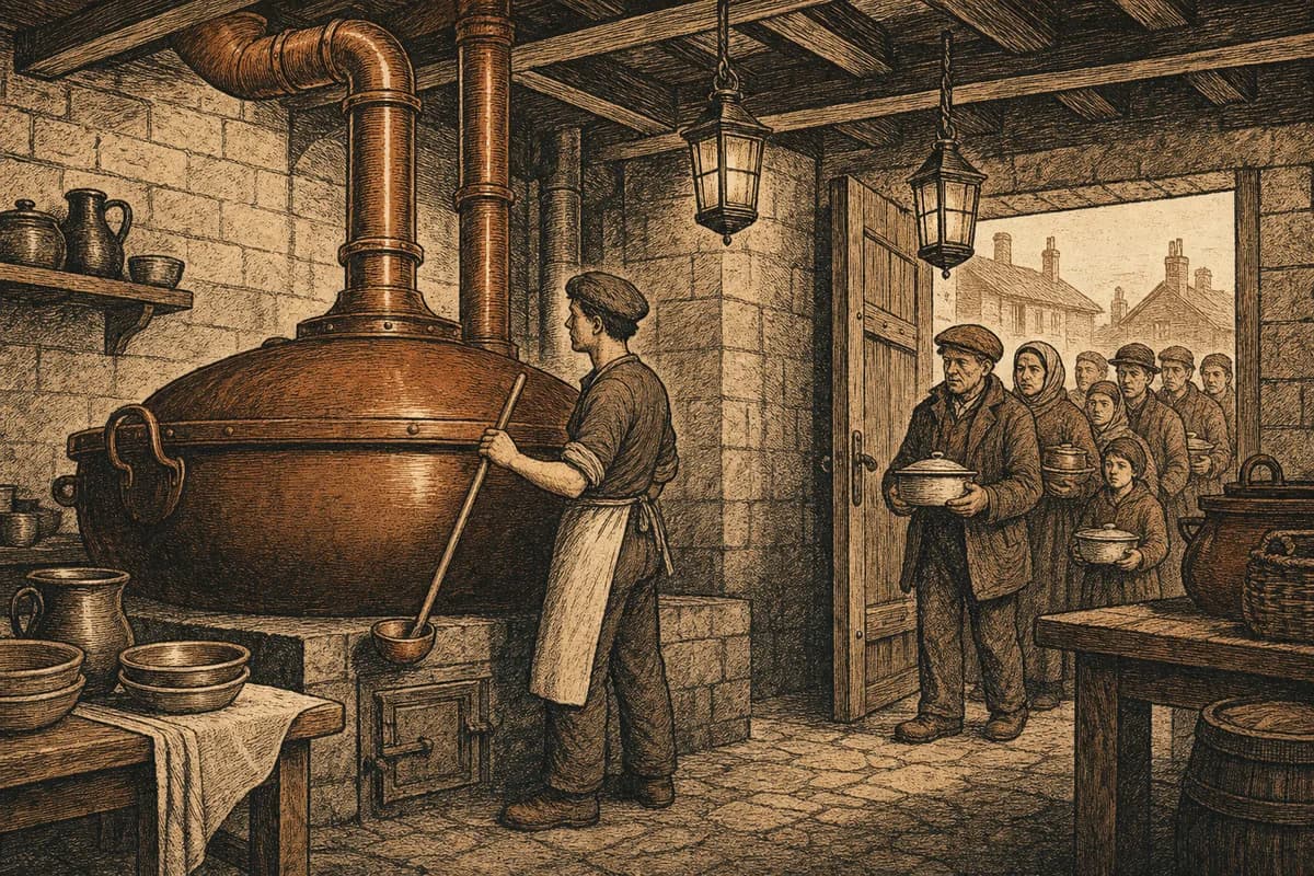 A woodcut of a great cauldron in a stone kitchen with copper pipes rising from its lid to lantern-hung beams, a young cook holding a long ladle before it, and villagers waiting at the door with covered dishes.
