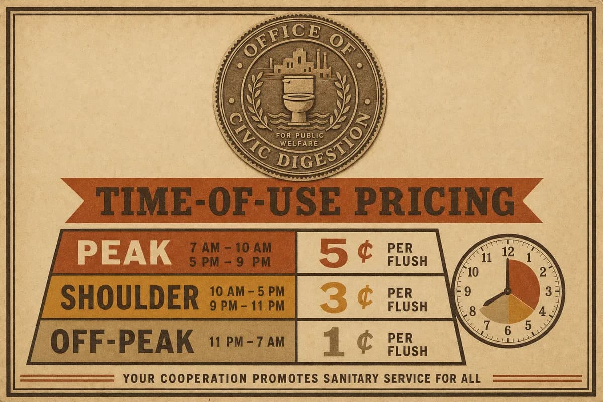 A municipal tariff placard bearing the seal of the Office of Civic Digestion, showing a three-tier rate table with peak, shoulder, and off-peak bands and a per-flush figure beside each, beneath a banner reading TIME-OF-USE PRICING.