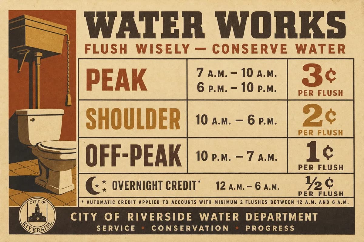 A ruled three-row rate schedule listing peak, shoulder, and off-peak hours against per-flush figures of fourteen, six, and two cents, footnoted with an overnight credit.