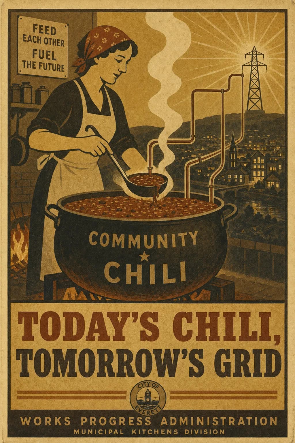 A wartime home-front poster of a woman in an apron and headscarf ladling from an enormous communal chili cauldron, steam piped off toward a distant electrical pylon and a lit town, captioned TODAY'S CHILI, TOMORROW'S GRID.