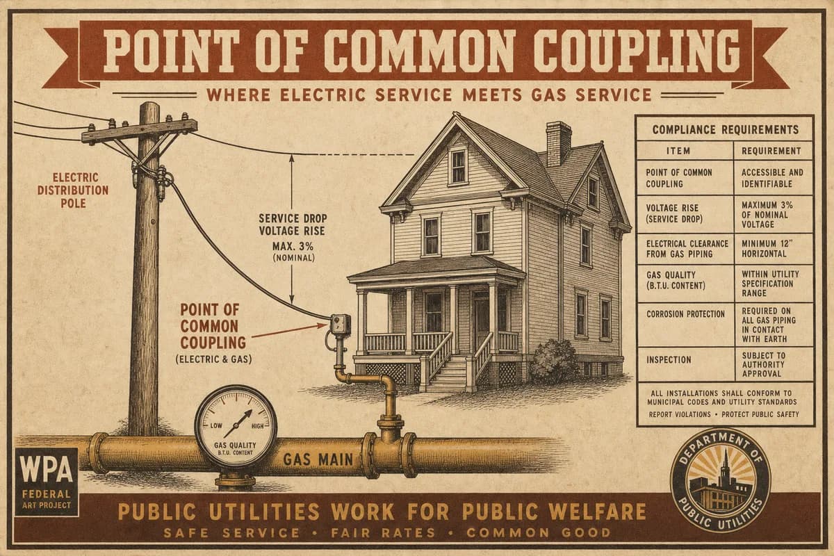 A Victorian engineering-textbook plate showing a house connected to a utility pole at a labeled point of common coupling, a dimension line marking voltage rise on the service drop, a gas main with a quality gauge, and a ruled compliance table, under a banner reading POINT OF COMMON COUPLING