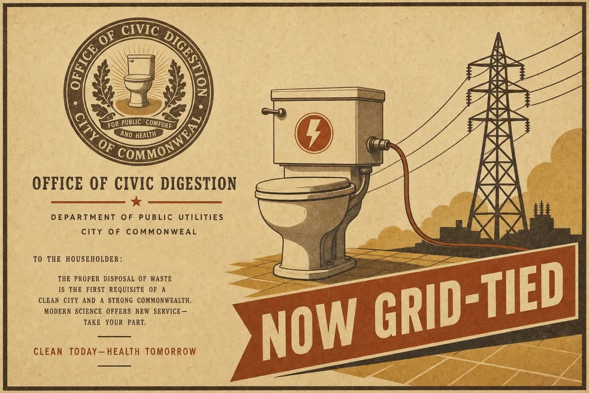 A municipal utility notice bearing the seal of the Office of Civic Digestion, showing a household toilet connected by a cord to a high-voltage transmission tower, over a banner reading NOW GRID-TIED.