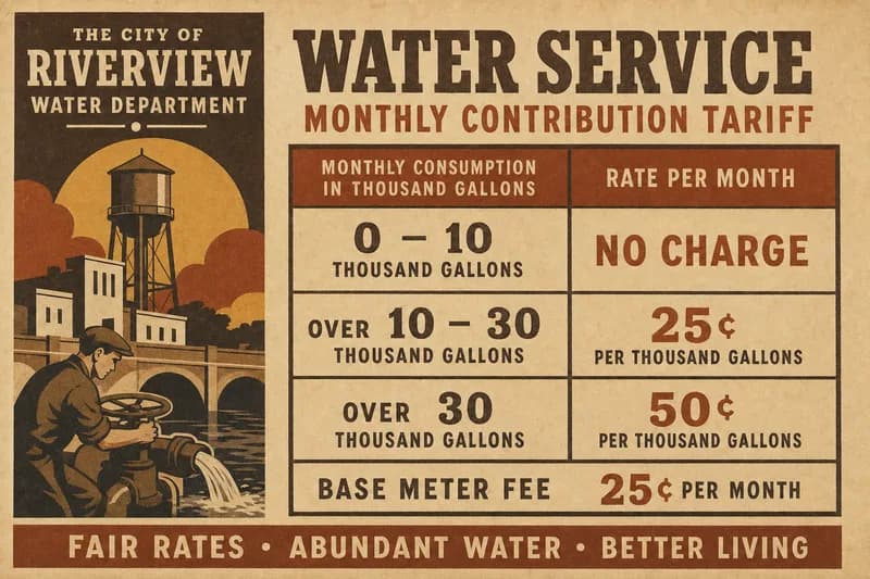 A ruled tariff table showing three tiers of monthly contribution counts with a per-contribution rate for each and a base meter fee at the bottom.