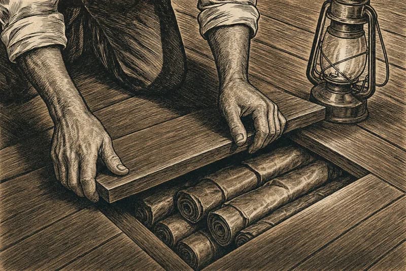 A woodcut of a man's hands lifting a floorboard to reveal paper rolls wrapped in oilcloth packed in the cavity beneath, a lantern beside them.