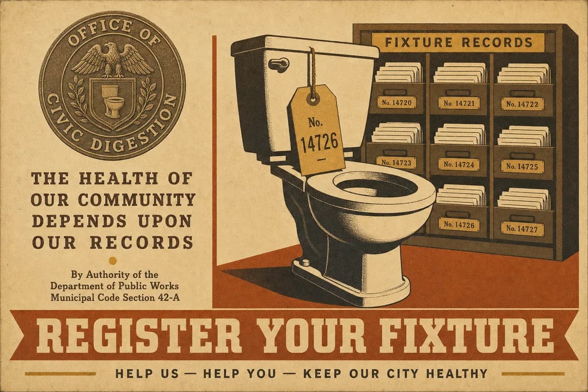 A municipal registration notice bearing the seal of the Office of Civic Digestion, showing a toilet with a numbered tag hung from its tank before a cabinet of fixture record cards, beneath a banner reading REGISTER YOUR FIXTURE.