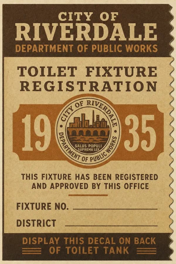 A numbered municipal registration decal sized for a toilet tank, with an embossed seal and blank fields for a fixture number and district.