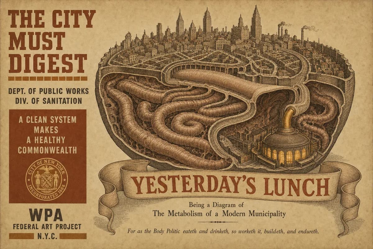 A scholarly engraving of a walled city rendered as a single cross-sectioned digestive organ, its avenues drawn as coiled intestine, a domed power station where the organ terminates, and a banner beneath reading YESTERDAY'S LUNCH