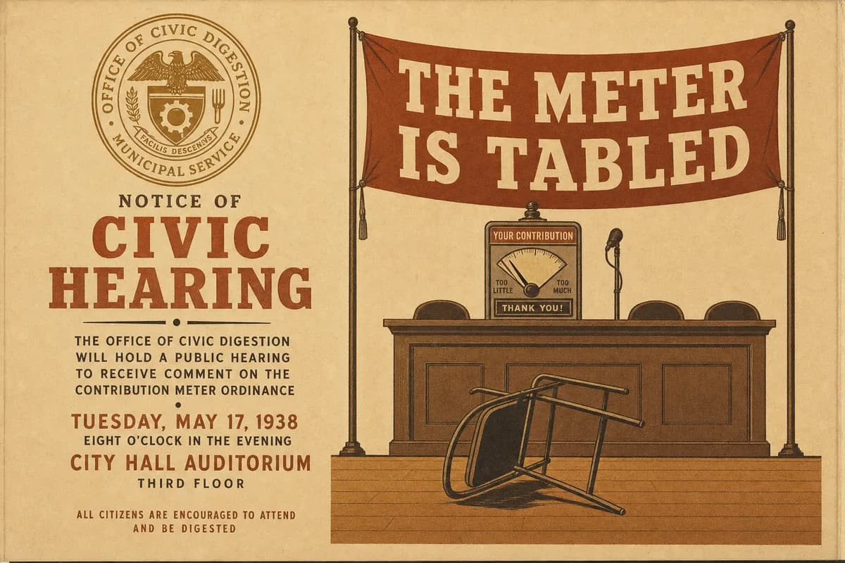 A municipal hearing notice bearing the seal of the Office of Civic Digestion, showing an overturned folding chair before a hearing dais where a small metering device sits on the podium, beneath a banner reading THE METER IS TABLED.