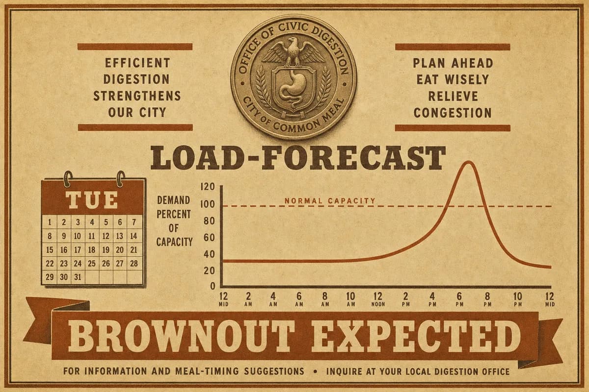 A municipal forecast placard bearing the seal of the Office of Civic Digestion, showing a load curve that holds flat then rises to a single tall spike past a dashed capacity line, beneath a banner reading BROWNOUT EXPECTED.