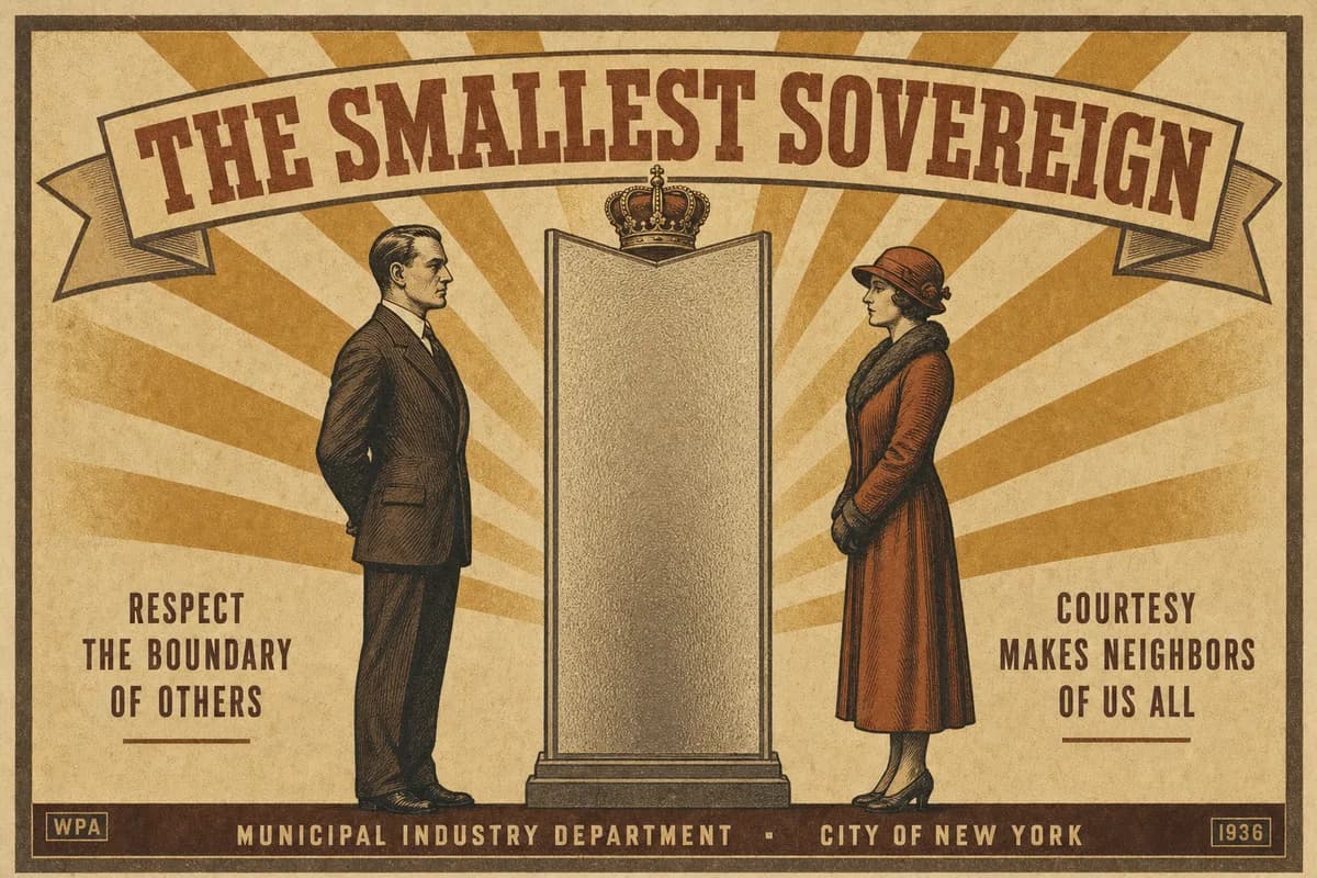 An engraving of a single tall frosted partition standing between two men like a small monument, a crown resting atop it, a banner below reading THE SMALLEST SOVEREIGN.