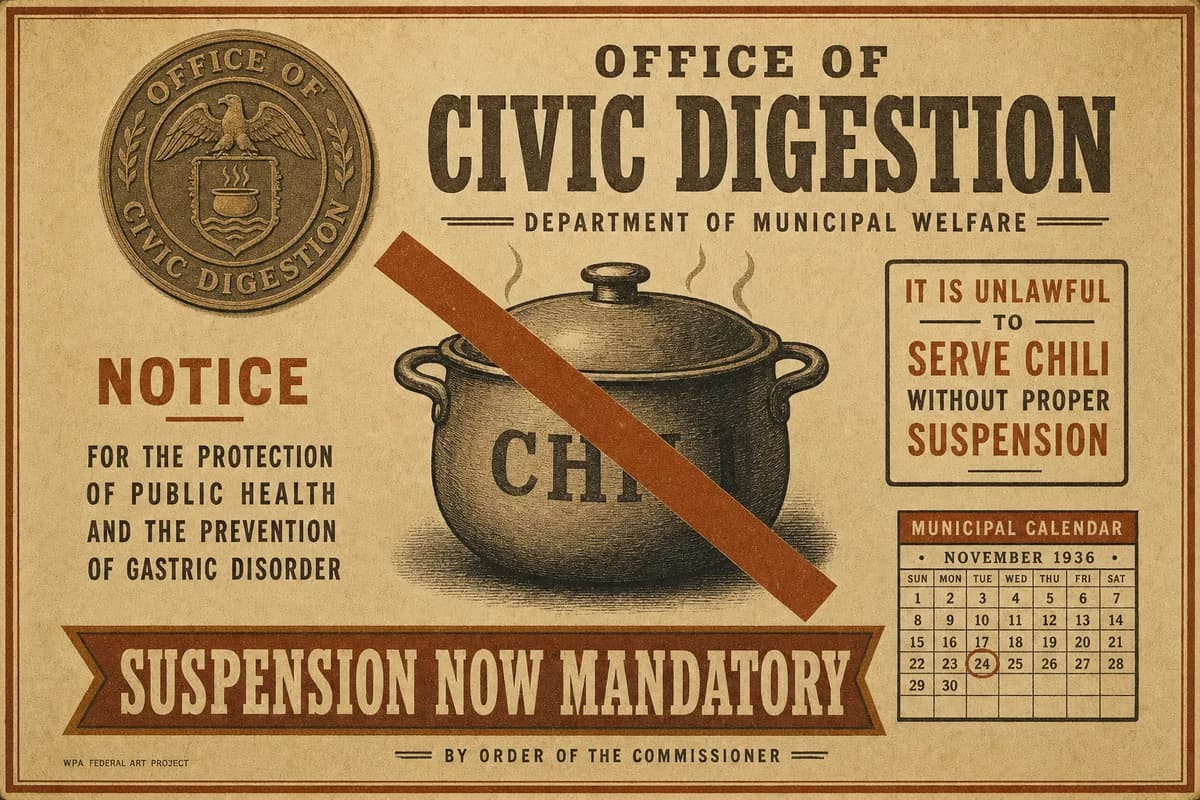 A municipal enforcement placard bearing the seal of the Office of Civic Digestion, showing a covered chili pot with a diagonal band across it and a banner reading SUSPENSION NOW MANDATORY.