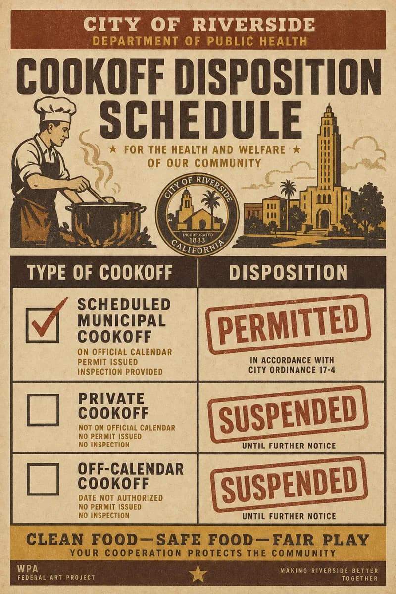 A ruled two-column schedule listing chili events, the scheduled municipal cookoff marked permitted, the private and off-calendar rows stamped suspended.