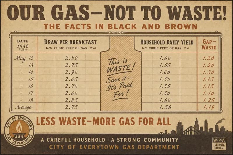 A ruled chart comparing two ink columns, one labeled for a waffle iron's energy demand and one for a family's daily output, with the gap between them shaded.