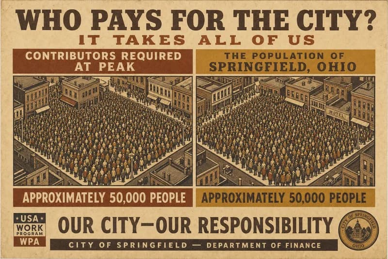 Two blocks of nearly equal area, one labeled contributors required at peak and one labeled a mid-sized city population.