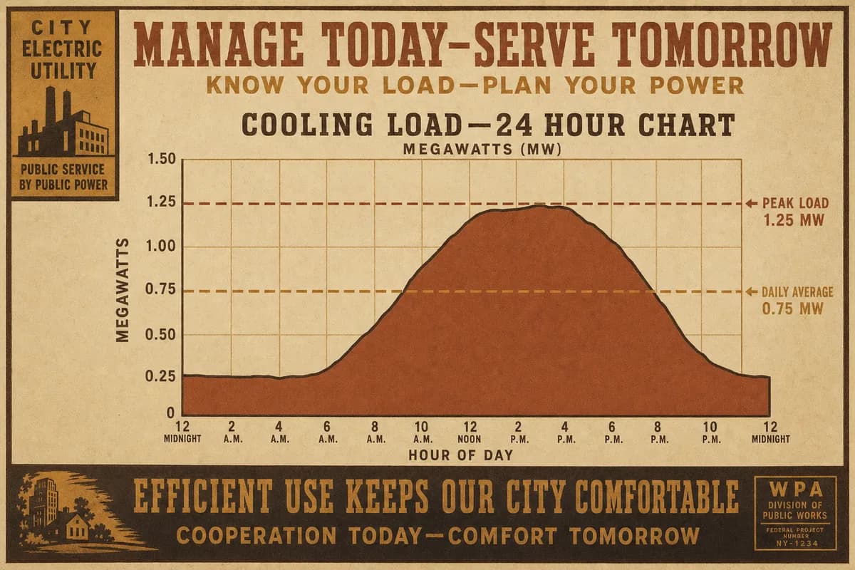 A chart of cooling load over 24 hours, low overnight and rising to a broad afternoon peak, with dashed lines for peak and average.