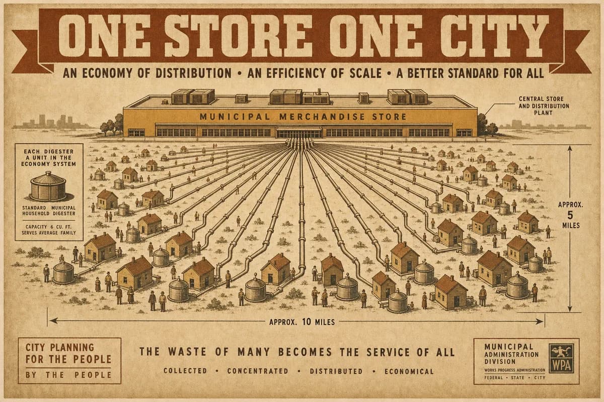 A Victorian scientific rendering of a low big-box store on the horizon with cooling ducts on its roof, fed by a vast fan of pipes gathering from a city-sized field of small figures at their digesters, dimension lines across the field, a banner reading ONE STORE, ONE CITY