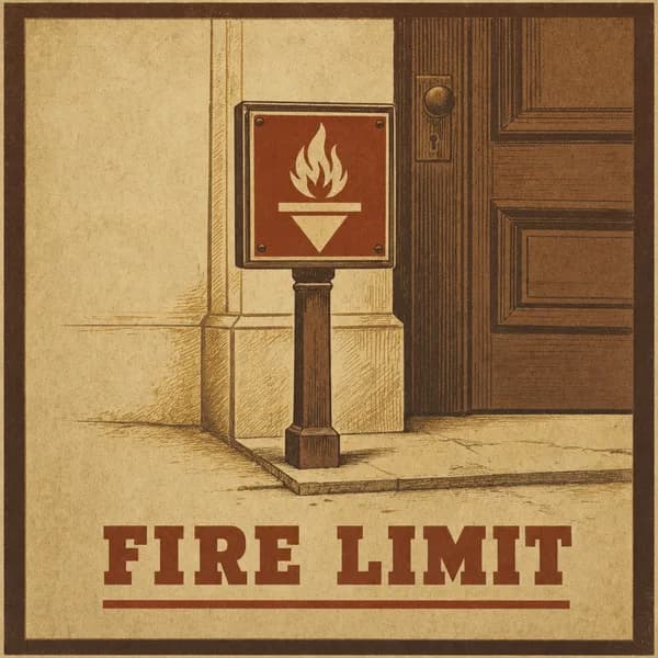An engraving of a plain hazard placard on a post outside a door, rendered like a municipal marker with a short legend.