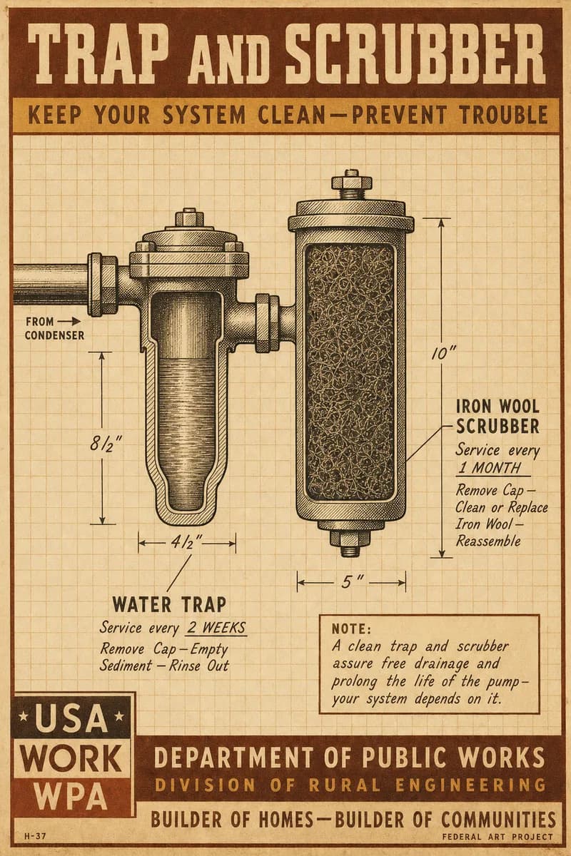 A sectional diagram of a condensate trap and a scrubber canister packed with iron wool, with handwritten service notes.