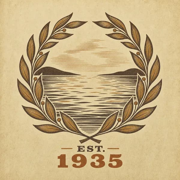 An engraved circular seal showing a laurel wreath around a still water surface with a year beneath.