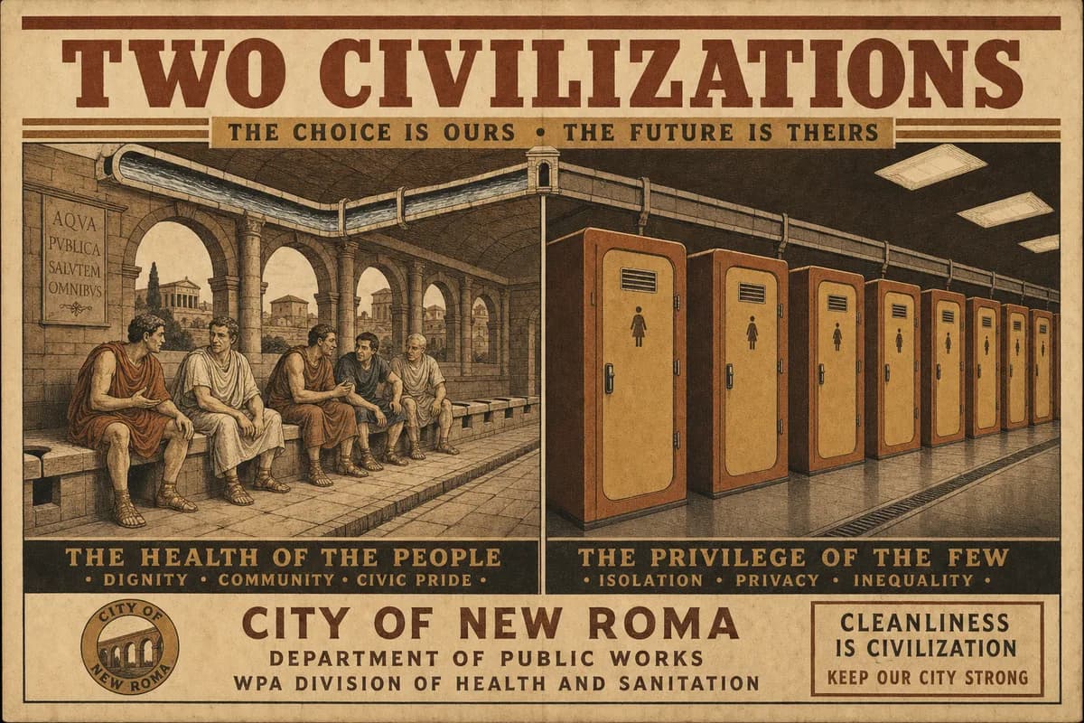 A split classical engraving: on one side a Roman communal latrine with seated citizens conversing beneath arches, on the other a corridor of identical closed pods lit from above, a shared aqueduct line running through both halves, beneath a banner reading TWO CIVILIZATIONS.