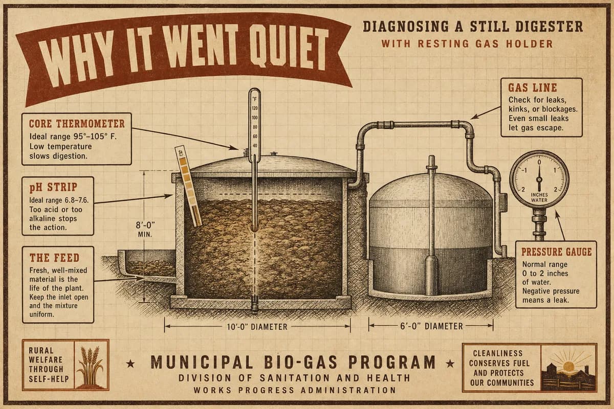 A vintage homesteading-manual diagnostic diagram of a silent digester, a still gas holder and a flat gauge, small callouts pointing to temperature, pH, and the gas line, titled WHY IT WENT QUIET, in cream, brown, and ochre tones.