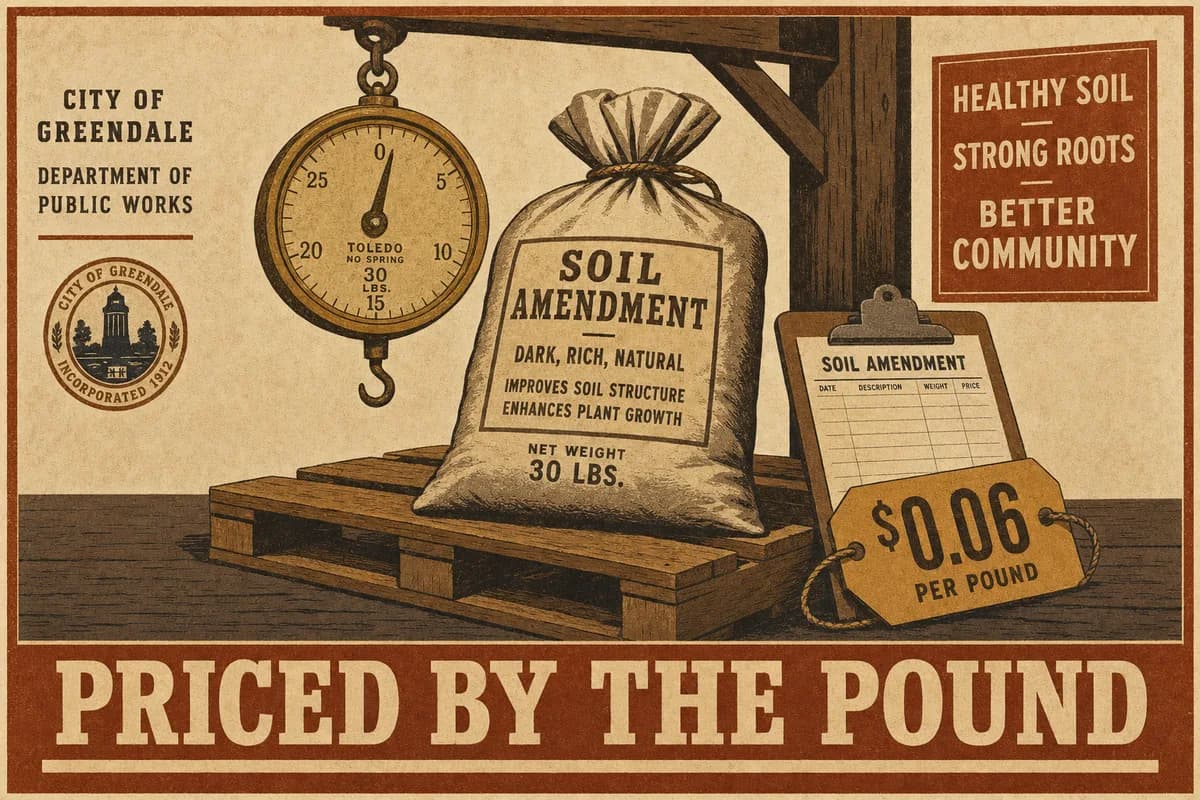 A sealed thirty-pound bag of dark soil amendment on a wooden pallet under a hanging brass scale, a clipboard and price tag in the foreground, beneath a banner reading PRICED BY THE POUND.