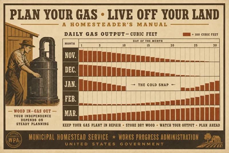 A calendar bar chart of daily gas output across winter months with one blank annotated week.