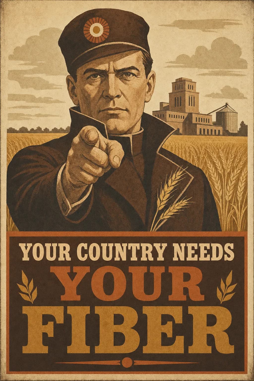 A recruitment-style poster of a stern civic recruiter in a high-collared coat and cockade pointing directly at the viewer, a field of ripe golden grain and a distant municipal facility behind him, a stalk of wheat tucked in his lapel, captioned YOUR COUNTRY NEEDS YOUR FIBER.