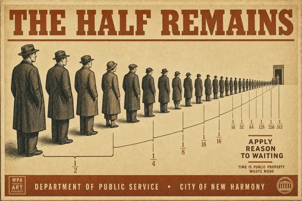 An engraving of a long line of people receding toward a distant door, the gaps between them bracketed and halved repeatedly like a geometry plate, a banner reading THE HALF REMAINS above.